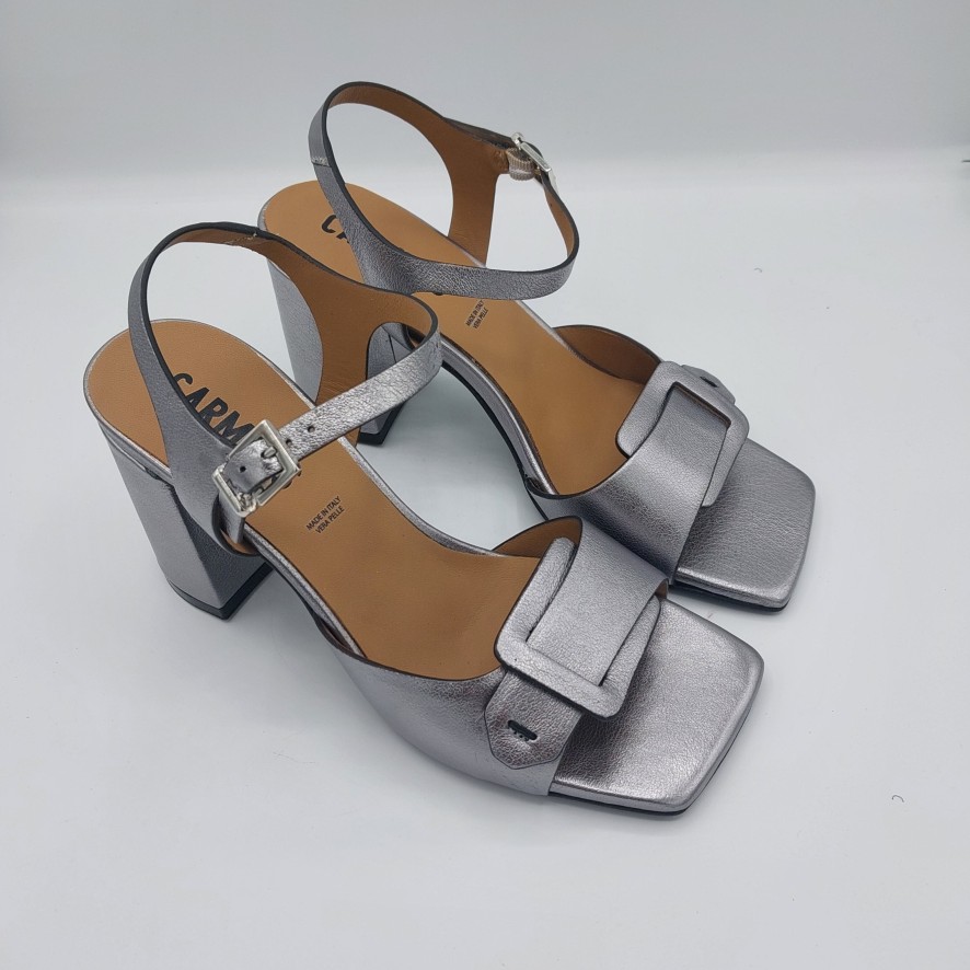 Donna Valecchi Calzature | Sandalo Carmens In Pelle Laminata Color Piombo